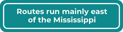 Routes run mainly east of the Mississippi